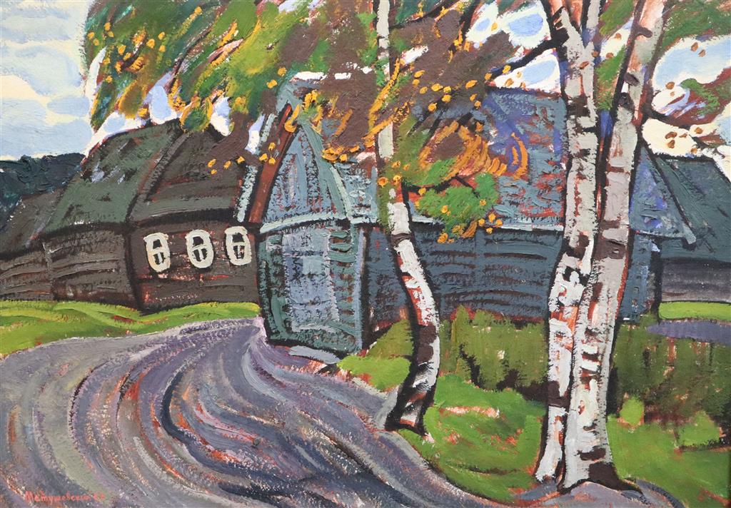 Yuri Matushevski (Russian, 1930-1999) Birch trees and daccas in summer 19 x 27in.
